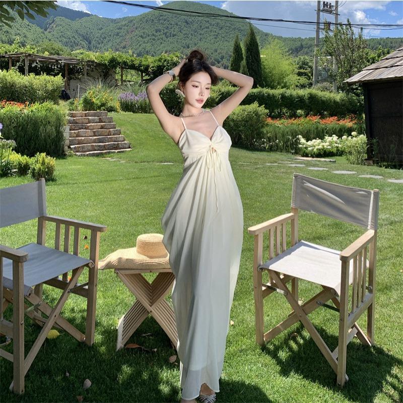French White Moonlight Pleated Thin Suspender Dress Summer Island Vacation Wear Halter Dress