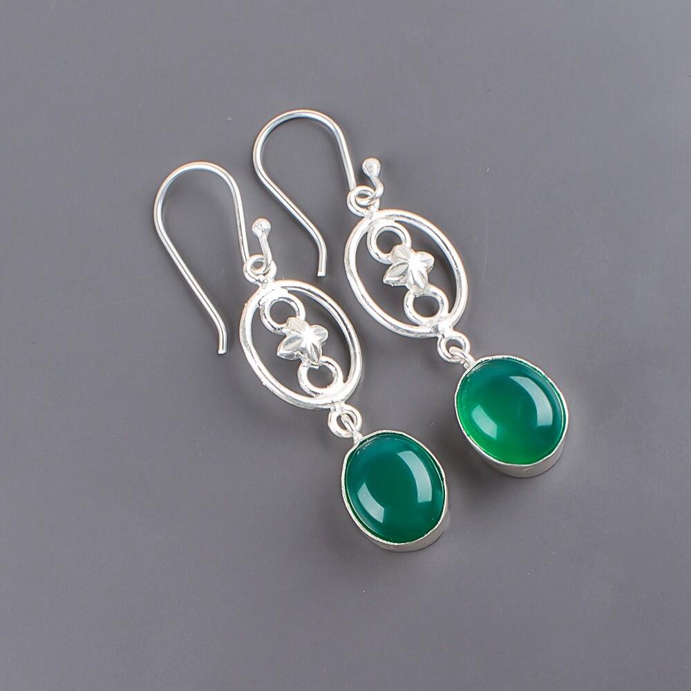 Green Onyx Cab Gemstone 925 Sterling Silver Jewelry Drop/Dangle Earrings 2.00" EE-17-32