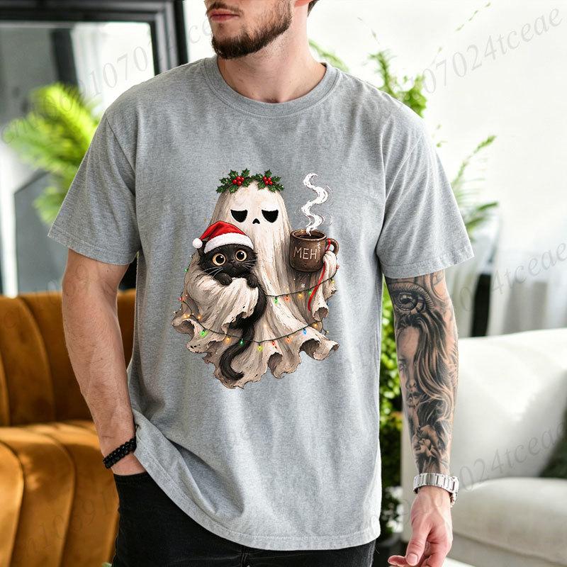 Cotton T-Shirt Spooky Christmas Tshirt Goth Black Cat Christmas Graphic Tee T‑shirt Funny Coffee Cup Tshirts Vintage Gothic Holiday Tops Gifts