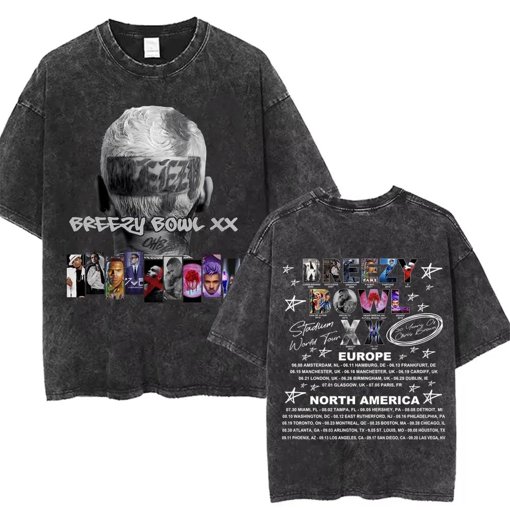 Rapper Chris Brown Breezy Bowl XX Tour  Vintage Washed Tshirts Men Women Hip Hop Fashion T Shirts Male Cotton Retro Tshirt