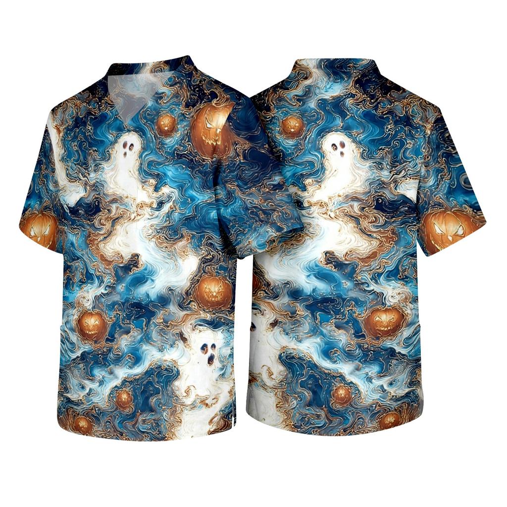 Mens Short Sleeve V Neck Halloween Print Chest Pocket Scrub Top Comfortable Fit Uniform Shirt for Work or Casual Wear