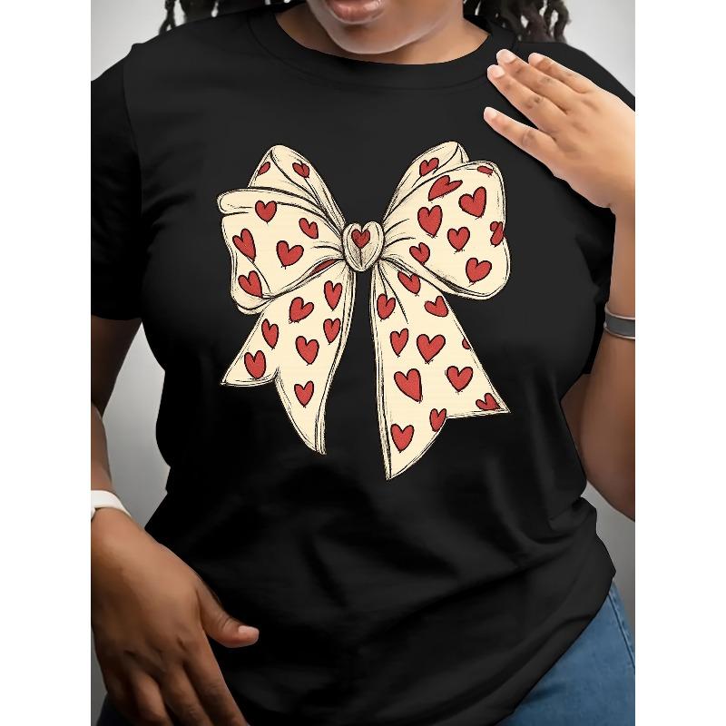European Size Women'S T-shirts, Heart-shaped Bow Printed T-shirts, Fashionable Short-sleeved Tops for Spring and Summer, Women'S Shirts, Bow Shirts