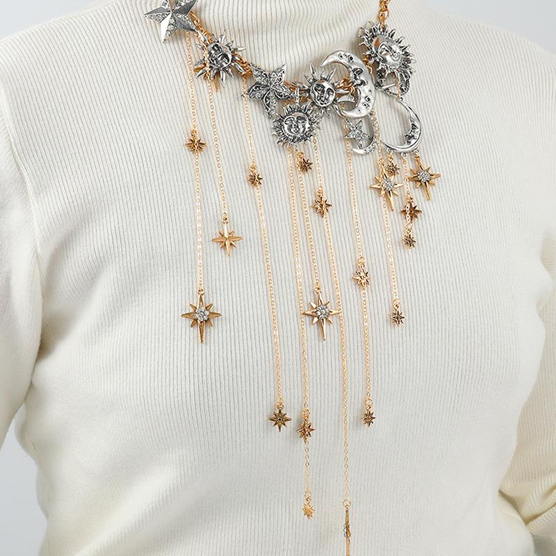 Exaggerated Multi-Layered Tassel Pendant Necklace With Moon Star Sun And Full Diamond Design For Women In Boho Style
