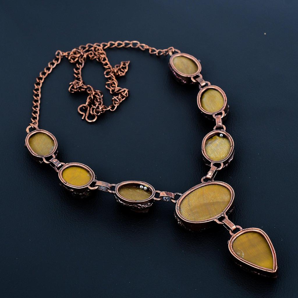 Tiger's Eye Copper Electroformed Necklace Adjustable, Chain Necklace Handmade Gemstone, Gift For Mom Antique Jewelry