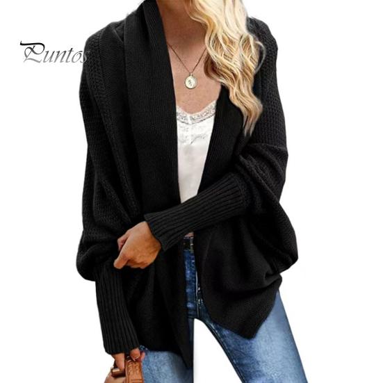 Dámský kardiganový kabát bez límce s netopýřími rukávy a dlouhým rukávem, otevřený vpředu, pletený kabát, elastické manžety, jednobarevný, volný střih, pletený kardigan