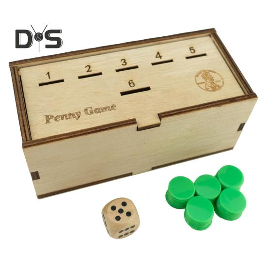 Penny Game with Pine Wood Box Dice Green Coin 2-6 Players Competitive Kids Adults Family Strategy Toss Board Game Birthday Christmas Gift