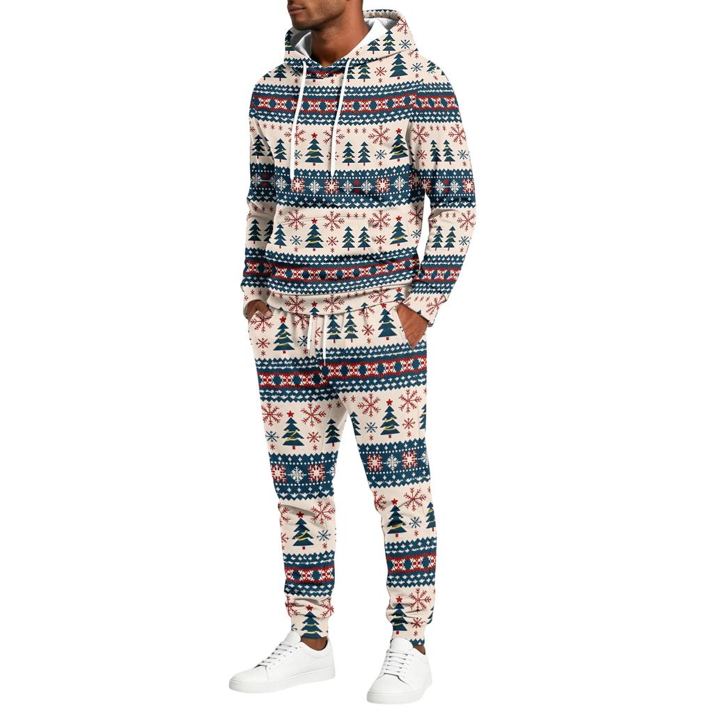 Men's Casual Christmas Print Hoodie and Straight-Leg Sweatpants Two-Piece Set for Holiday Celebration