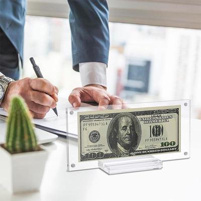 Suport robust din acril transparent magnetic pentru bancnote de dolar și fotografii, cu bază, pentru expunere, vitrină pentru colecții