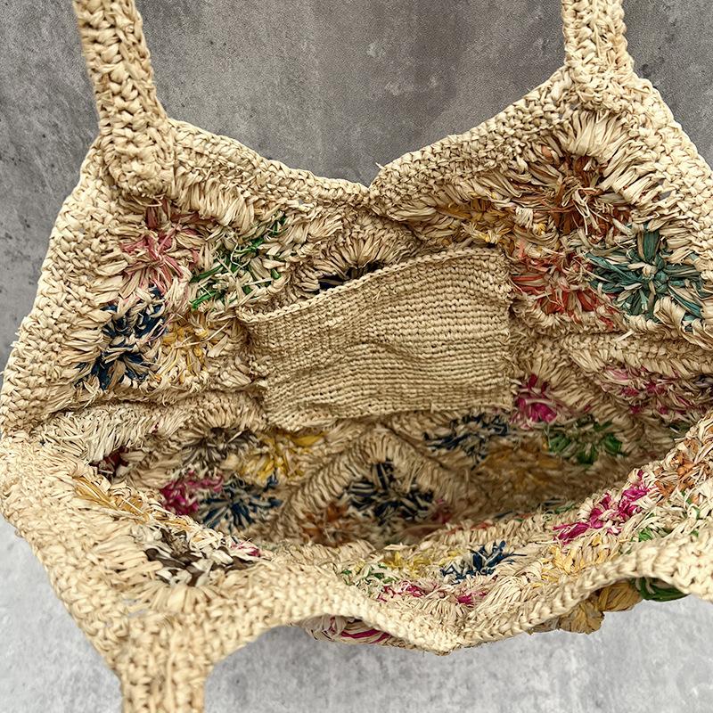 Handmade Crochet Flower Straw Bag Bohemian Raffia Beach Bags for Women Handbag Summer Travel Woven Shoulder Bag Cue Shopper Tote