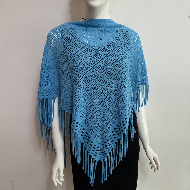 Women's Hollowed Knitted Triangular Scarf Imitation Cashmeres Soft Winter Shawl Wrap Neckerchief Blanket with Fringes