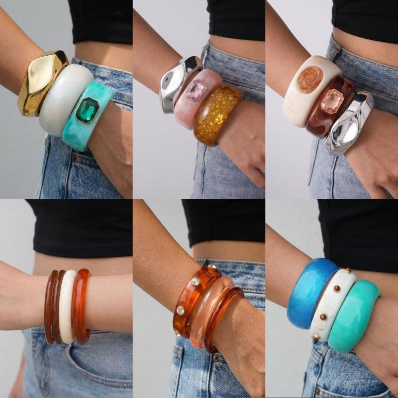 Y2K Boho Vintage Resin Bangle Women Wide Round Bracelet Dopamine Color Statement Wrist Jewelry For Daily Party Wear Accessories