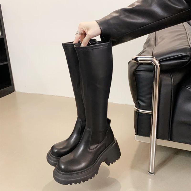 Fashion Brown Long Knee Women's Boots Soft Leather Chunky Heel Chunky Platform Boots Side Zipper Design 2026 Autumn Fashion Botas Largas