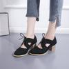 Spring and summer new thick heel high heel fashion single shoes women's large size lace-up hollow engraved women's shoes
