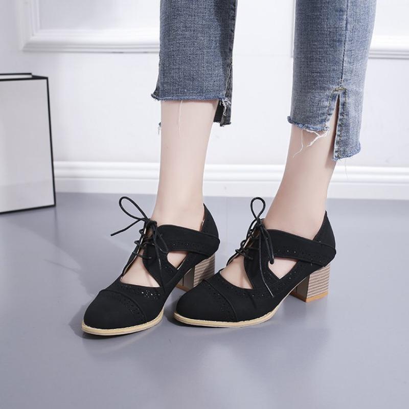 Spring and summer new thick heel high heel fashion single shoes women's large size lace-up hollow engraved women's shoes