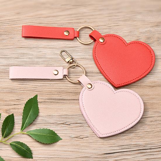 Love Heart Shape Makeup Mirror Waterproof Faux Leather Vanity Mirror Keychain Portable Travel Women Handheld Cosmetic Mirror Bag Pendant