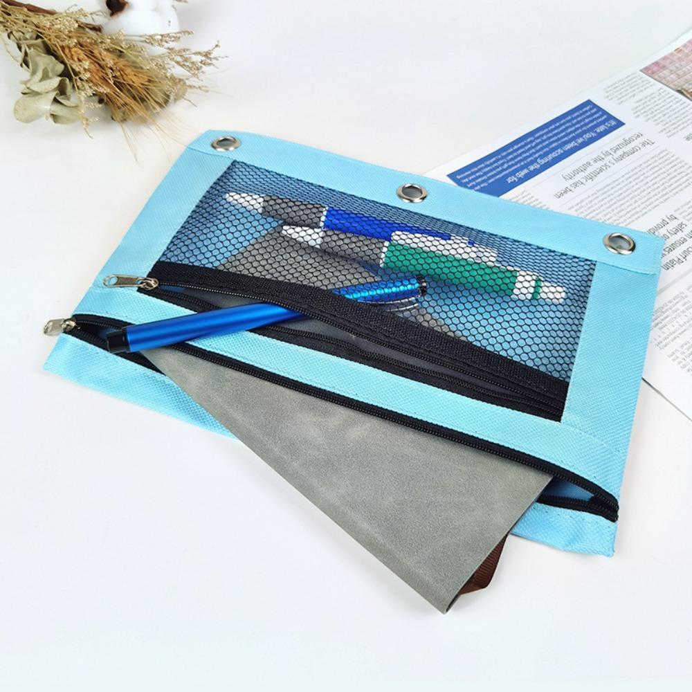 Practical Three Hole Pencil Case Pouch Square Binder Pocket Documents Bag Mesh Pencil Pouch  School