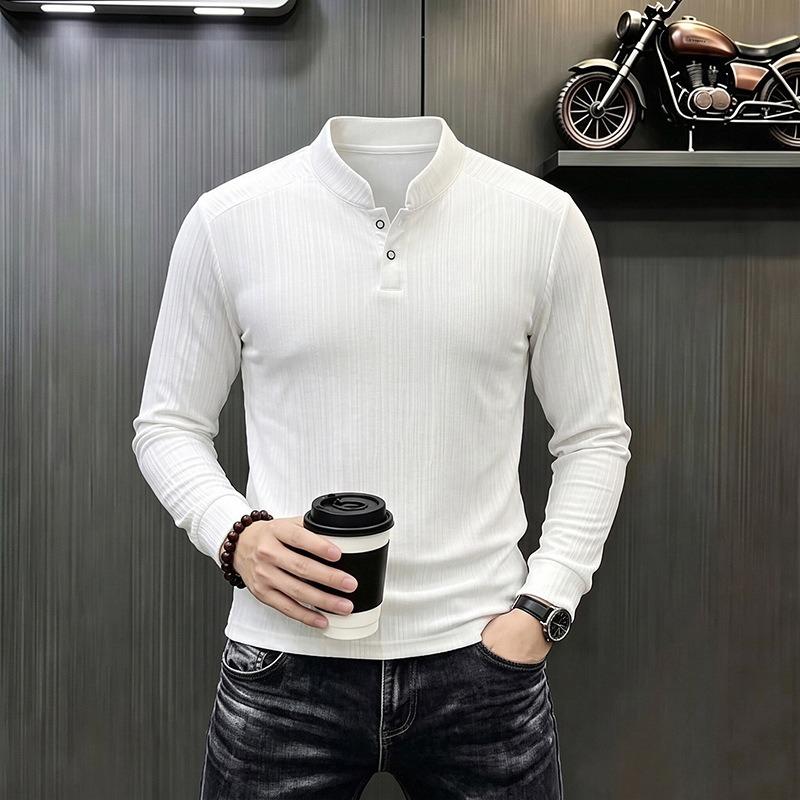 Men S Stand Collar Long Sleeve T Shirt Solid Color Casual Business Base Layer