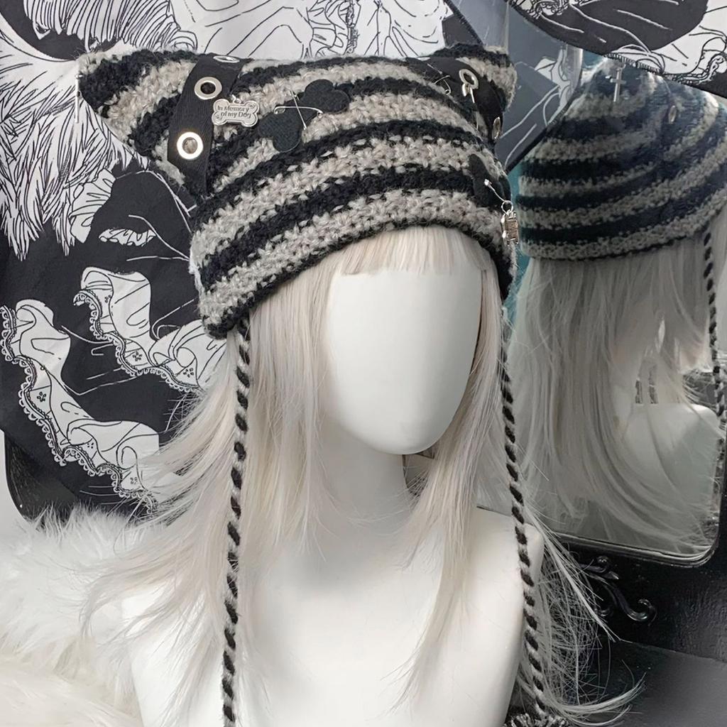 Striped Beanie Girl Y2K Punk Bone Party Hat Knitted Hat Streetwear Thicken Beanie Cat Ear Hat Harajuku Photo Props