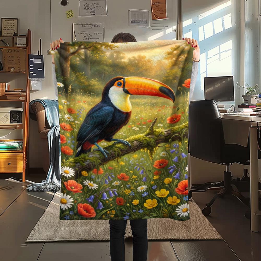 1PC Toucan Oil Painting Print FlAannel Blanket, High quality Comfortable for All Seasons, Home Decor, Warmth and Comfort