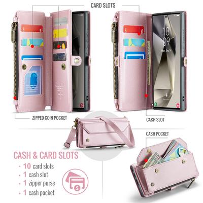 Lanyard Leather Cards Wallet Case For Samsung Galaxy S25 S24 Ultra S23 S22 S21 S20 Note 20 Crossbody Handbag Zipper Cover