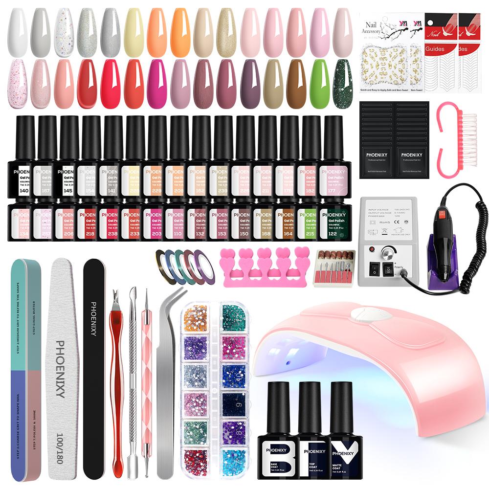 PHOENIXY 30 stk Gel Neglelakksett med U V Lys 54W LED Neglelampe Neglebor Maskin Manikyrverktøy Alt-i-ett Neglegelsett
