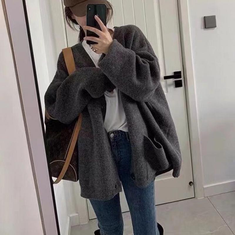 

Осень Зима Однотонный Свободный Повседневный Кардиган Вязаное Пальто Женское V-образный вырез Все-в-одном Карман Верхняя одежда Топ onesize серый