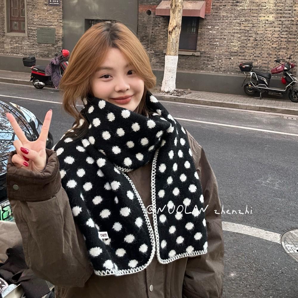 Versatile Double-sided Knitted Polka Dot Wool Blended Scarf Female Winter Hook Edge Student Warm Knitted Scarf Male Manufacturer