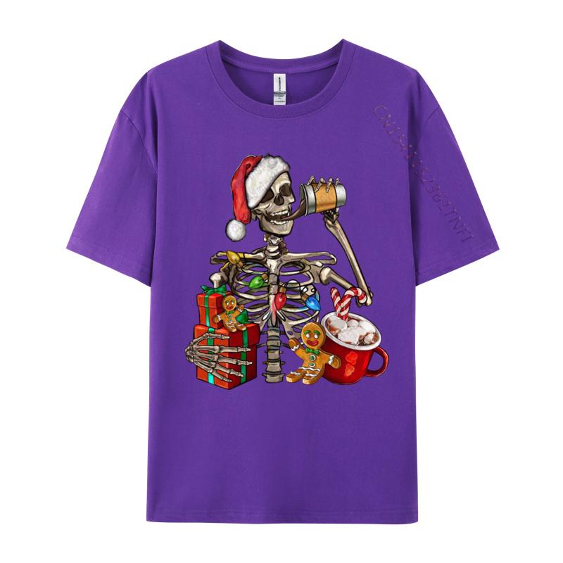 Christmas Skeleton With Smiling Skull Drinking Coffee Latte T Shirts Graphic Tshirt Hip Hop T Shirt Homme Cotton Oversized
