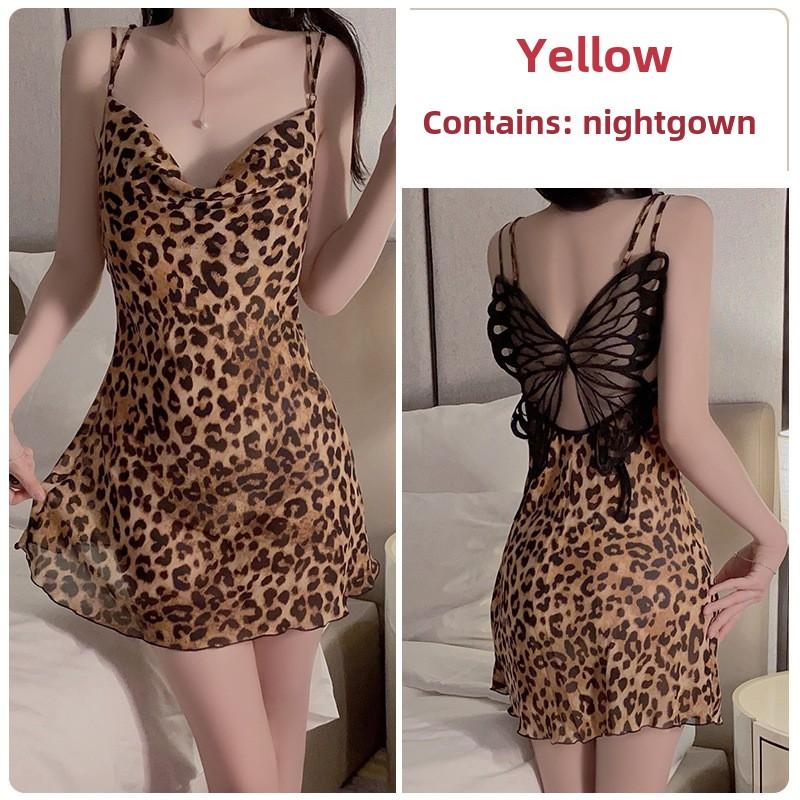 

Sexy Perspective Leopard Print Loungewear Suit Butterfly Pure Desire Wind Suspender Nightdress XL жовтий