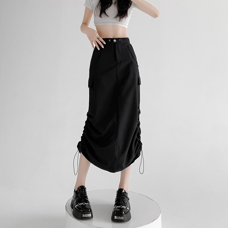 Cargo Midi Skirt Women Summer Slim High Waist Slit A-line Skirt Stitching Drawstring Female Streetwear Vintage Y2K Grey