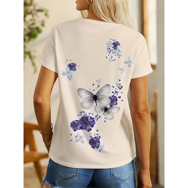 Ladies' 3D Printed Butterfly Floral Casual T-shirt Short Sleeved Round Neck Shirt