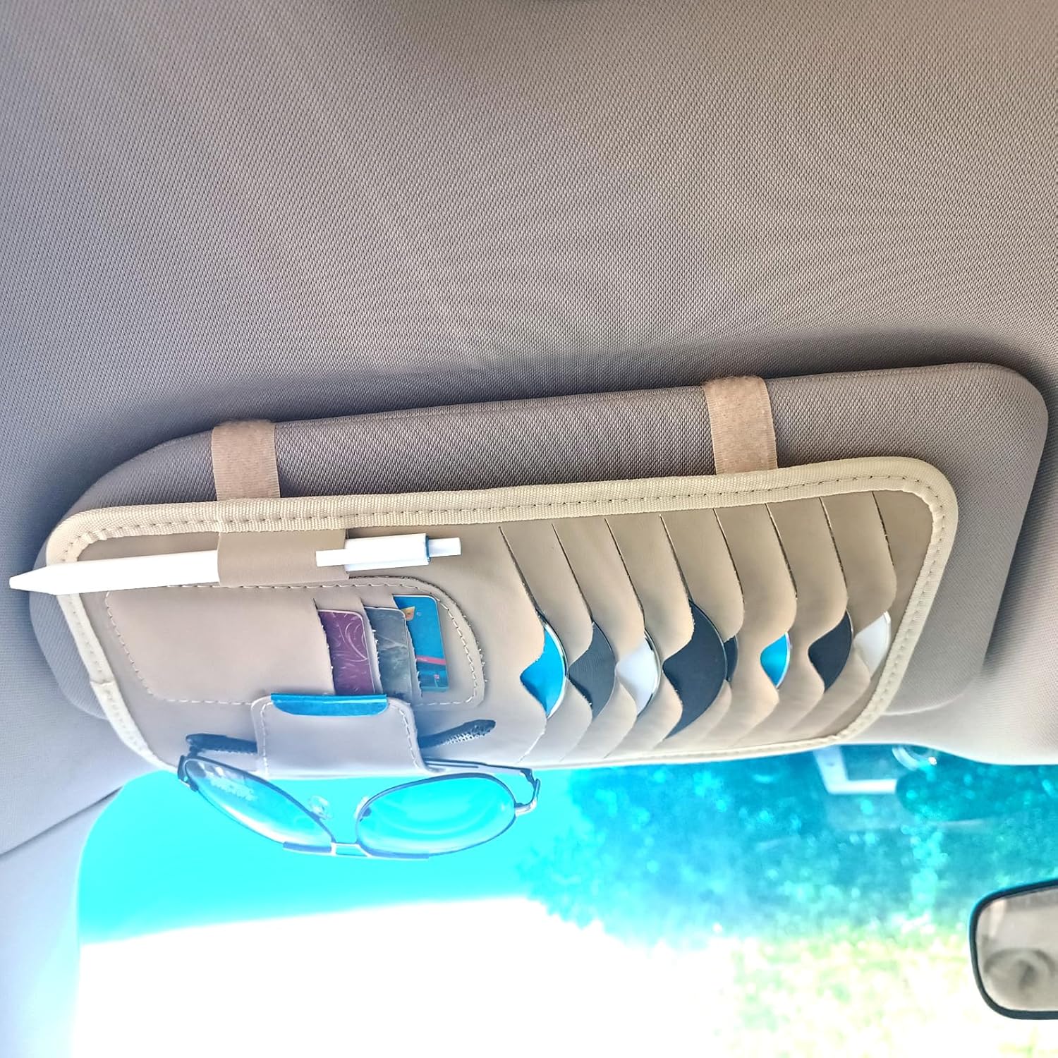 

Beige Multifunctional Car CD Case Holder for Sun Visor Organizer Car CD Holder Organizer, 8 CD/DVD Storage Sleeves, 3 Bank Card Holder, 1 Sunglasses бежевый