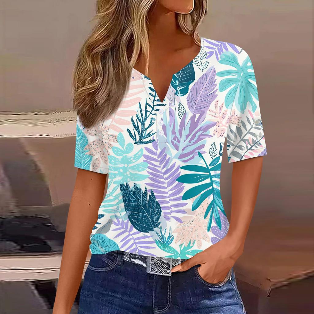 Women's fashionable casual Hawaiian print V-neck short-sleeved button-down T-shirt top