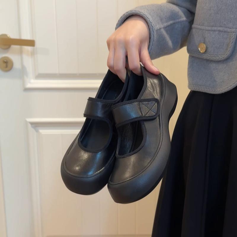 Cowhide version~ Round head shallow mouth single shoes women's 2025 new platform Velcro casual Mary Jane ballet shoes women