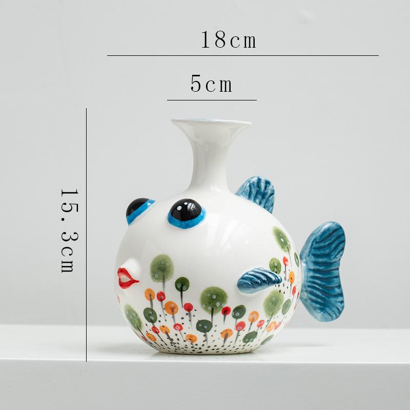 Small fish hand-painted ceramic decoration dried flower vase, living room foyer dining table flower arrangement ornament