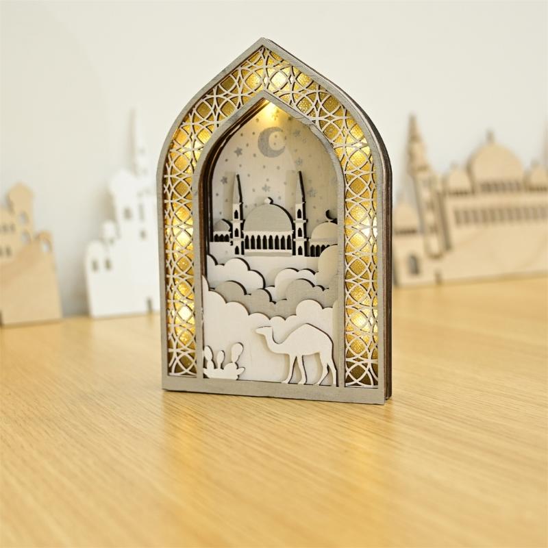 EID Wooden Pendant with LED Light Ornament Islamic Festival Supplies DIY Craft Perfect for Ramazan Home Party Decoration