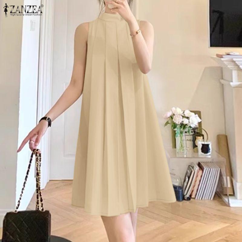 ZANZEA Women Casual Stand Collar Summer Off Shoulder Sleeveless Dress
