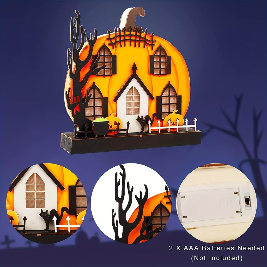 Pumpkin House Glowing Desktop Ornaments DIY Wooden Horror Ghost Pumpkin House with LED Light for Halloween Eve Party Decoration