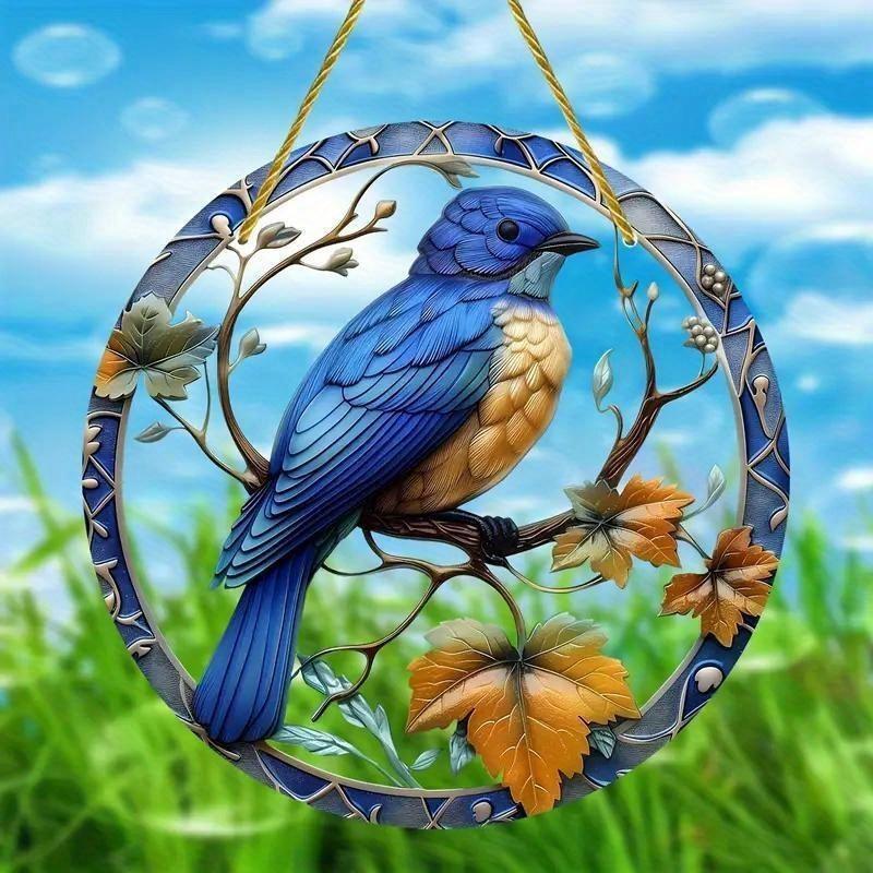 Blue Bird Simulated Branch Pattern Circular Acrylic Pendant Garden Decoration