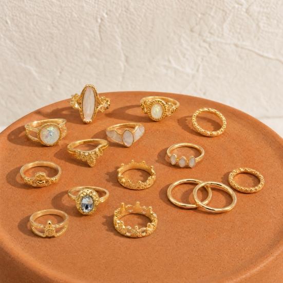 14-teiliges/Set Damen-Ringe Set, Hohlmusterringe in verschiedenen Größen mit farbigen Muschel-Intarsien, Stapelbares leichtes Schmuckgeschenk-Set
