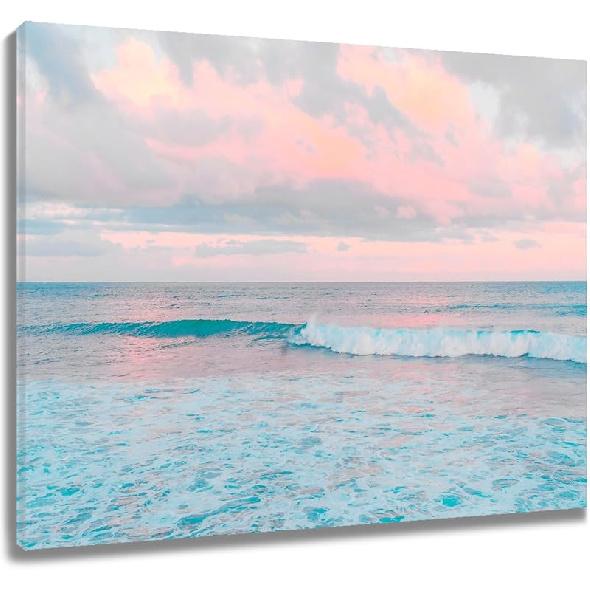 LB Pink Flamingo Beach Wall Art for Bathroom Tropical Green Palm Leaf Canvas Wall Art Wall Paintings Home Decor Blue Ocean Wall Pictures for Living