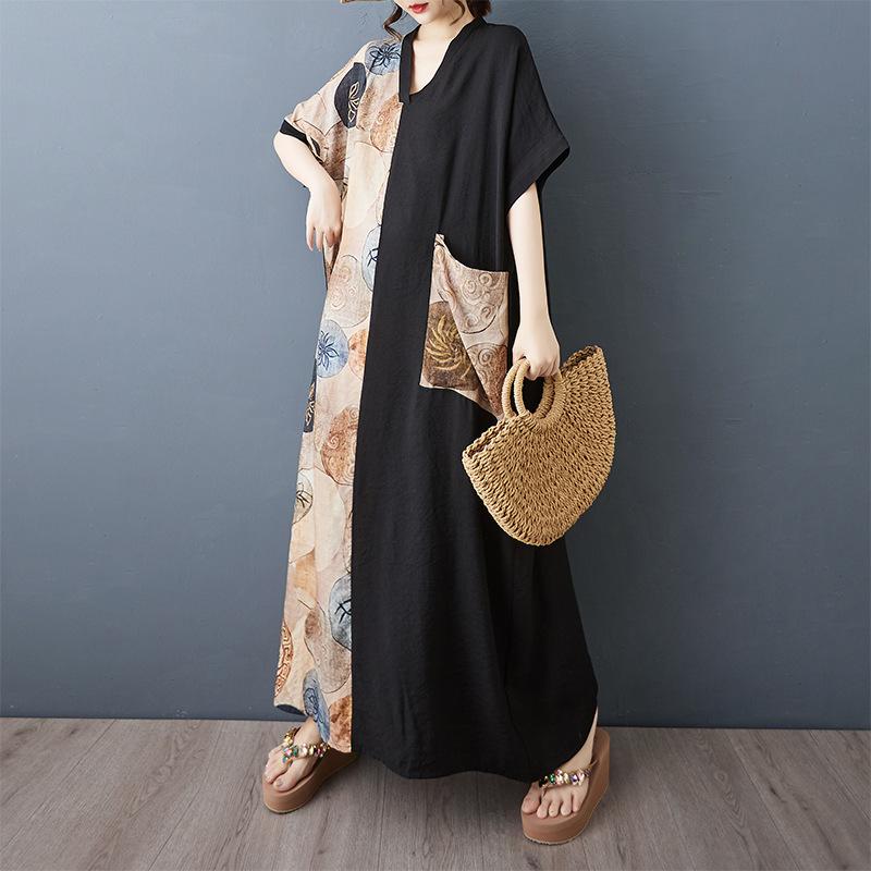 A Summer Thin Cotton and Linen Dress with A V-neck Short Sleeves and Contrasting Color Patchwork for A Slimming Look