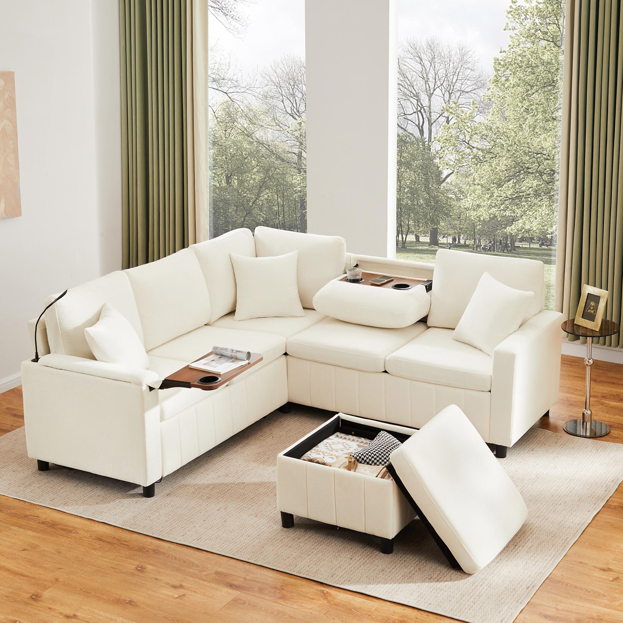 Chenille Corner Sofa with Sleep Function