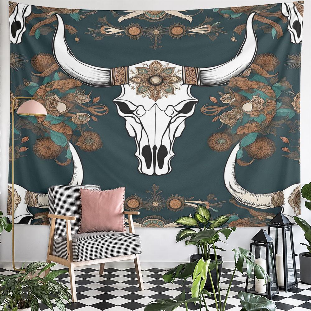 Boho Skull with Floral Pattern Design Pattern Wall Hanging Tapestry Decorative Tapestry Home Decor for Bedroom and Living Room