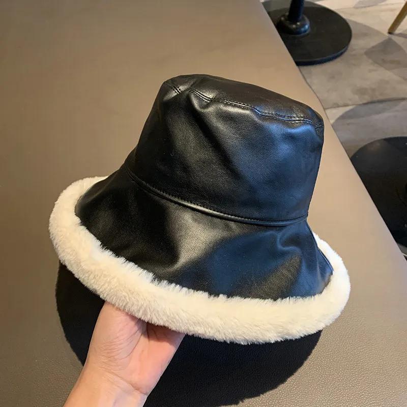 Fashion Autumn Winter Pu Leather Bucket Hats For Women Adjustable Foldable Lamb Wool Outdoor Warm Panama Female Fisherman Caps