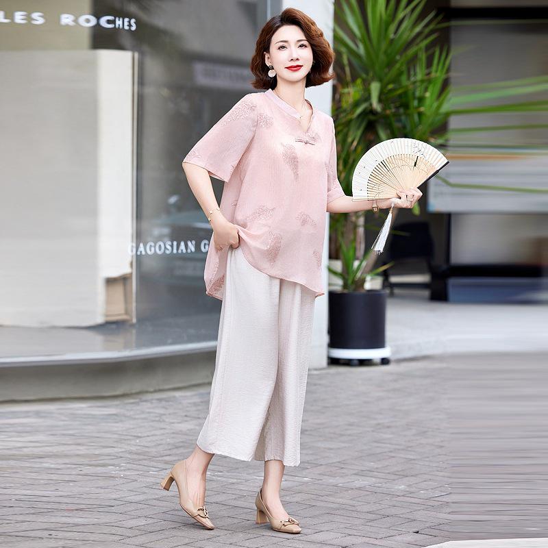 Mother's 2025 Summer Set: Stylish National Style Loose T-shirt & Small Shirt Two-Piece for Middle-Aged and Elderly Women.