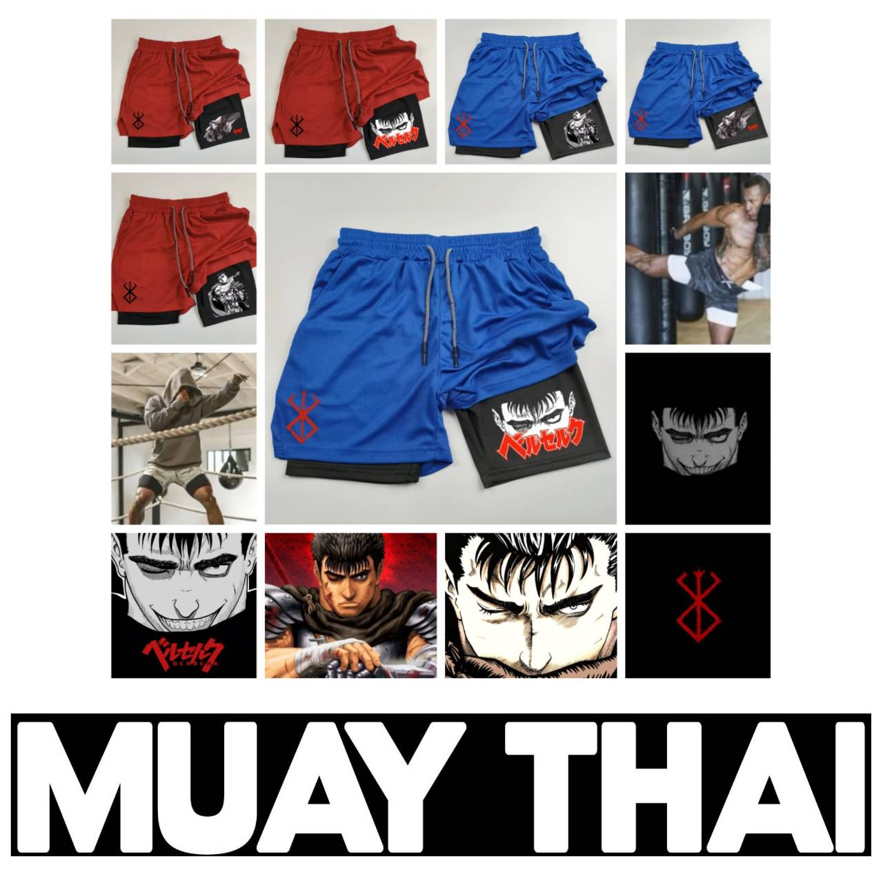 Berserk Pantaloncini Muay Thai Kick Boxing UFC MMA Arti Marziali Miste Anime Uomo Donna Unisex Doppio Strato Asciugatura Rapida Traspirante Sport Pale