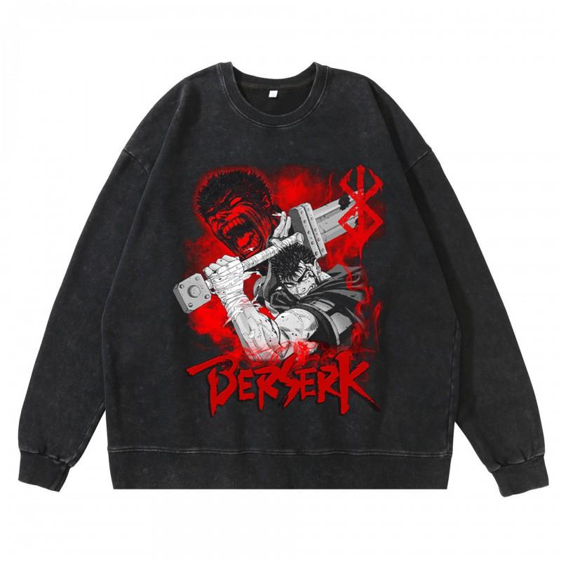 Schwergewicht 360g Gewaschener Vintage Berserk Anime Streetwear Baumwolle Pullover Hoodie Herren