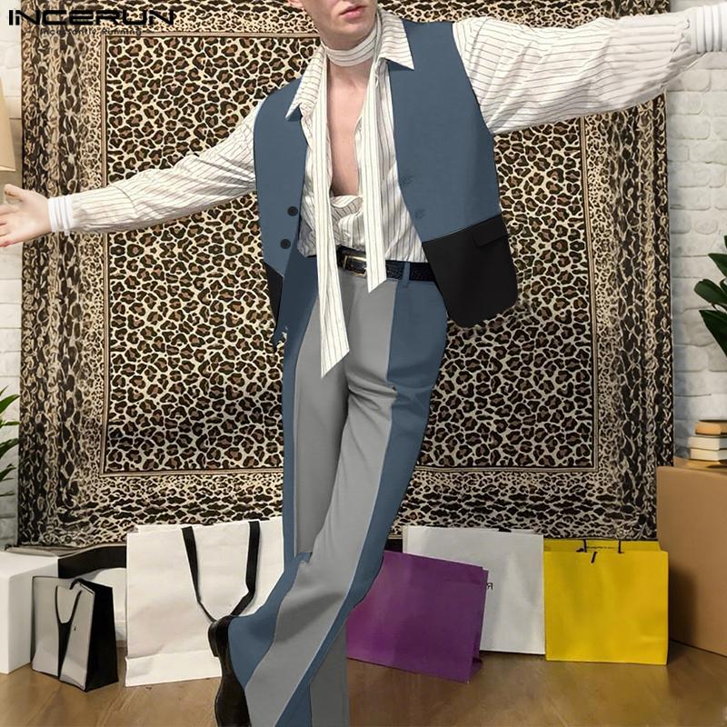 INCERUN Two Pieces Men Sleeveless Patchwork Waistcoat and Long Straight Pants Sets