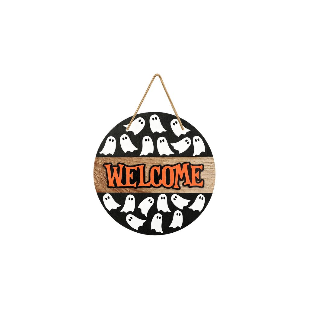 Halloween Wooden Hanging Sign Ghost and Bat Design Round Door Decor with Rope for Seasonal Holiday Decoration Indoor Outdoor Use